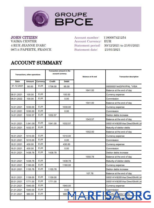 Realistic France Groupe BPCE bank statement excel template